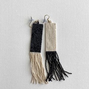 Statement earrings. Beaded, 4” ivory & black sparkle beads!